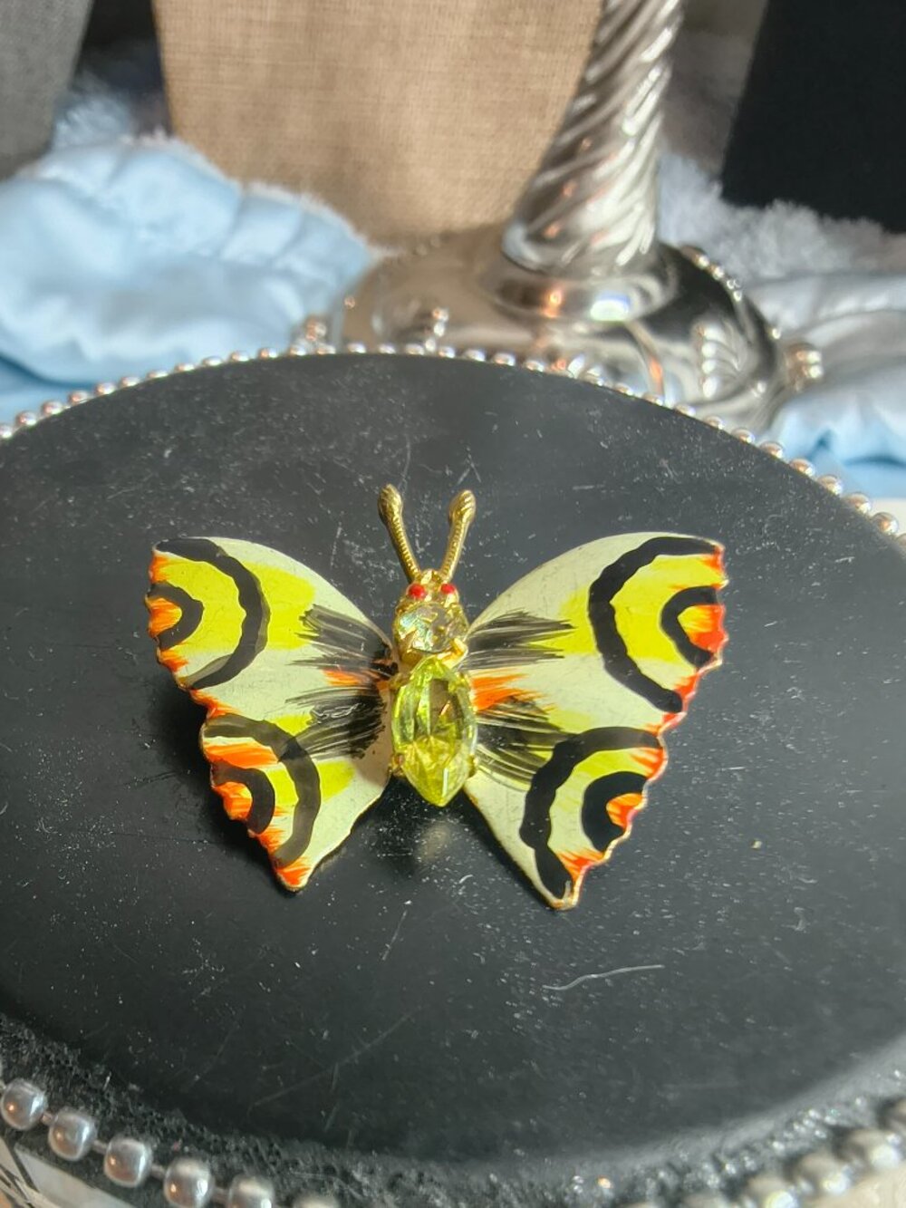 Vintage Gold Tone Hand Painted Rhinestone Butterfly Brooch